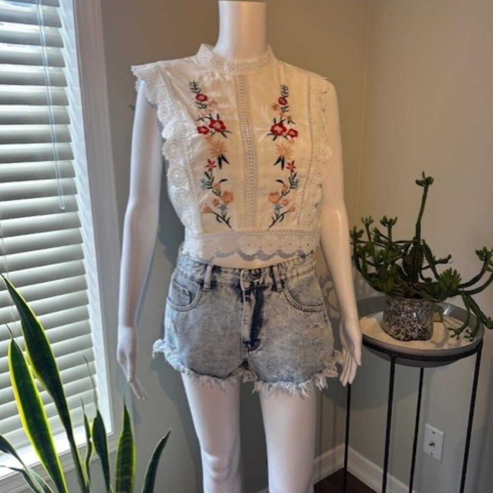 White Embroidered Floral Top